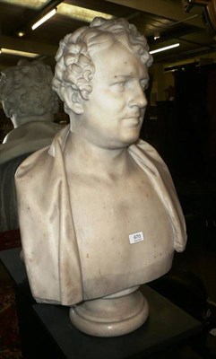 Lot 670 - English School, 19th century: A Carrara Marble pedestal bust of a gentleman, with curly hair...