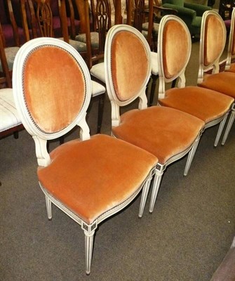 Lot 780 - A set of six French-style cream painted dining chairs with peach velvet upholstery