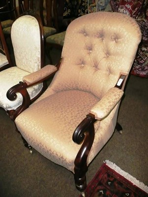 Lot 873 - Early Victorian rosewood armchair, button upholstered in gold Damask, on baluster turned legs...