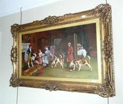 Lot 900 - Interior scene with huntsman and two couples of hounds, oil on canvas