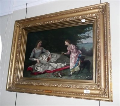 Lot 903 - English school 19th century portrait of a lady reclining with a young girl and dog, oil,...