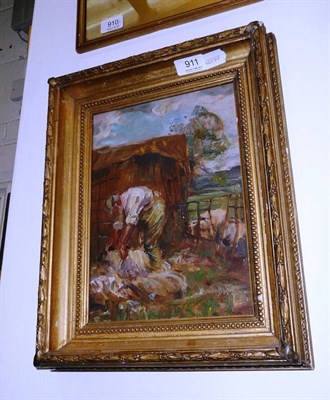 Lot 911 - Oil painting of a farmer shearing a sheep, in the style of James William Booth