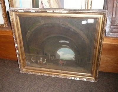 Lot 916 - 19th century gilt-framed sand picture of ladies on a station platform (with hand written label...