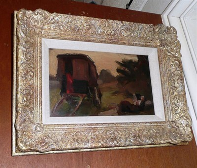 Lot 922 - Oil on board, follower of Alfred Mannings, of a gypsy caravan