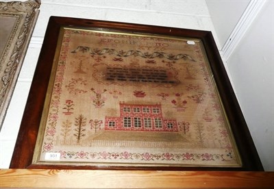 Lot 931 - Framed sampler worked by Eliza Waller, dated 1820, depicting a central verse and a red brick house