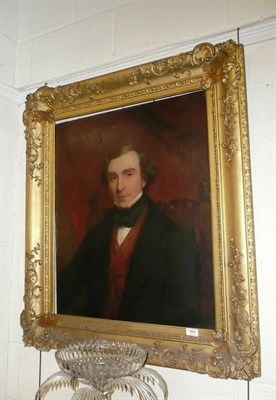 Lot 944 - Oil on canvas portrait of a gent wearing a red waistcoat and brown jacket