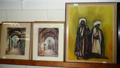 Lot 962 - Nine framed Eastern watercolours and an oil on board of two Arabs