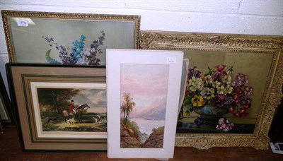 Lot 970 - A still life oil on canvas, pair of watercolours and two prints