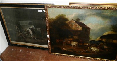 Lot 973 - Oil painting "Farmyard Scene" (in dirty condition) and a George Morland print (2)