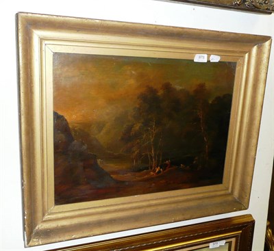 Lot 978 - Gilt framed oil on board river landscape with figures