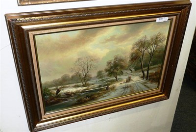 Lot 979 - E Vernon, winter landscape with figures, framed oil on board, signed