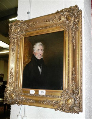 Lot 984 - English School (19th century), Portrait of a gentleman, half length, wearing a black jacket,...