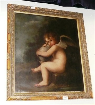 Lot 987 - Gilt framed oil on canvas, after Sir J Reynolds,  a cherub holding a globe