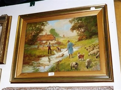 Lot 998 - H S Williams, sheep washing, oil on canvas