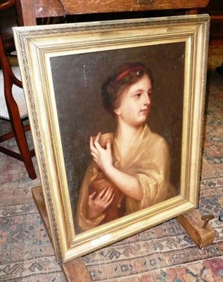 Lot 1035 - Gilt framed oil on canvas, portrait of a lady holding a vase (a.f.)