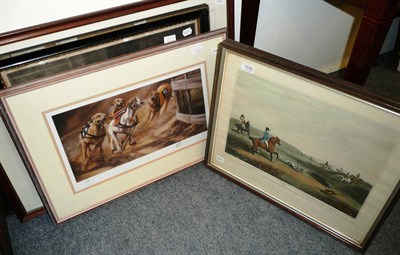 Lot 1036 - Five framed sporting pictures, comprising an engraving of a fox hound with puppies, a hare coursing