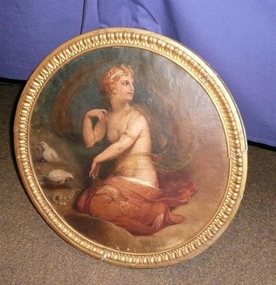 Lot 1039 - Circular gilt framed oil after W E Frost, scantily clad maiden with doves