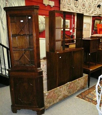 Lot 1075 - Mahogany bookcase, reproduction mahogany corner cupboard, upholstered stool, low table,...