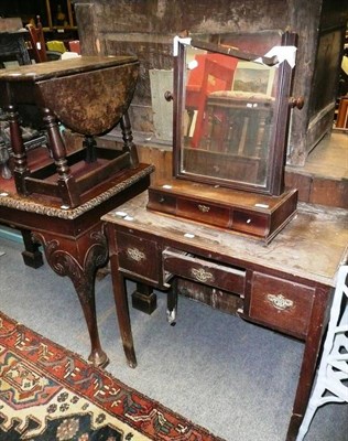 Lot 1096 - Georgian oak low boy, dressing table mirror, small drop leaf table and a carved oak joint stool