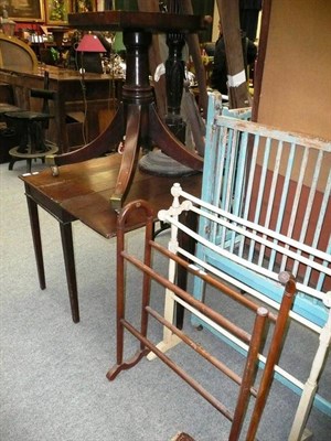 Lot 1099 - Oak fold over tea table, a Regency dining table pedestal, a carved standard lamp and two towel...