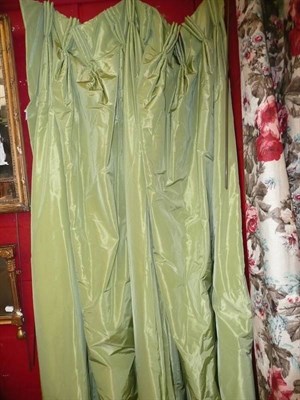 Lot 1117 - Pair of green silk striped curtains lined and interlined, 210cm drop