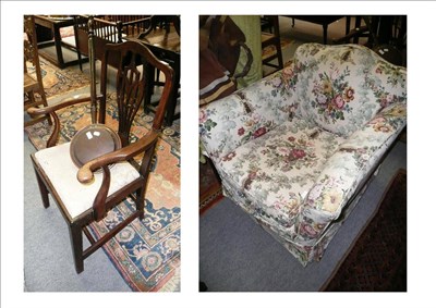 Lot 1131 - Chintz upholstered armchair, Georgian oak armchair and a warming pan