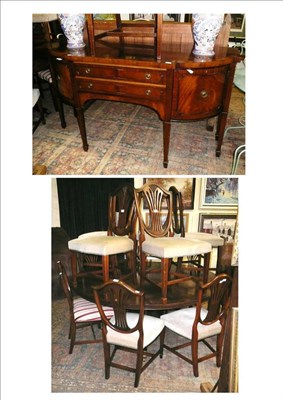 Lot 1152 - Reproduction mahogany and brass inlay dining table room suite, twelve chairs, circular dining table