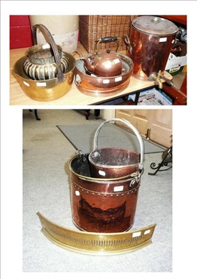 Lot 1167 - Quantity of brass and copper including coal bin, tea urn, preserve pan, planters etc