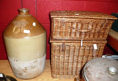 Lot 1168 - Large stoneware flagon, a Bradshaw home brewery Nelson and two wicker picnic baskets