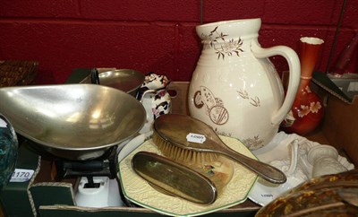 Lot 1170 - Two silver backed hair brushes, a quantity of pottery and Avery scales