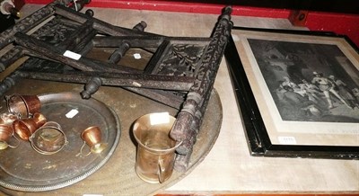 Lot 1175 - Three black and white framed prints, Eastern table, brass mortar, copper etc