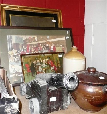 Lot 1180 - Treen bowl, stoneware flagon, pottery crock and cover, model cannon and three framed prints