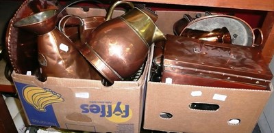 Lot 1181 - Two boxes including copper jugs, jam pans and metal wares