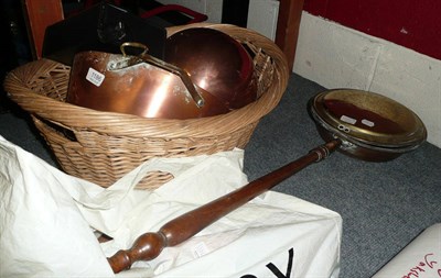 Lot 1186 - Brass and copper warming pan, jam pans, copper etc