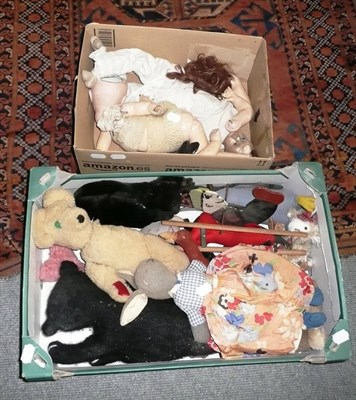 Lot 1205 - 19th century wax head doll (a.f.), Limoges bisque head doll (a.f.), soft toys etc in two boxes