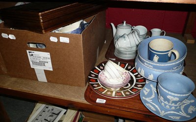 Lot 1207 - Two trays including a Royal Crown Derby plate, Noritake six piece tea service, Wedgewood Jasper...