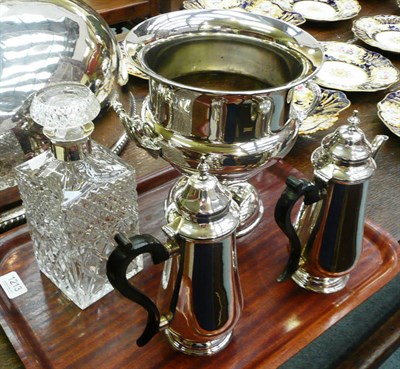 Lot 1213 - A silver collared square decanter (a.f.) and five plated items