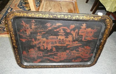 Lot 1216 - Black and gilded lacquered tray with Oriental design