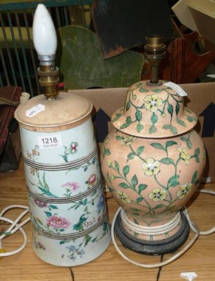 Lot 1218 - A famille rose table lamp and green and yellow floral vase converted to a lamp