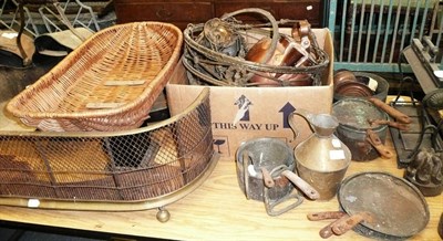 Lot 1220 - Assorted metal ware including coal helmets, jelly moulds, fire curb, etc