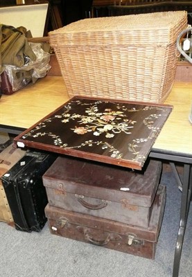 Lot 1222 - Five suitcases, silk work panel and a wicker basket