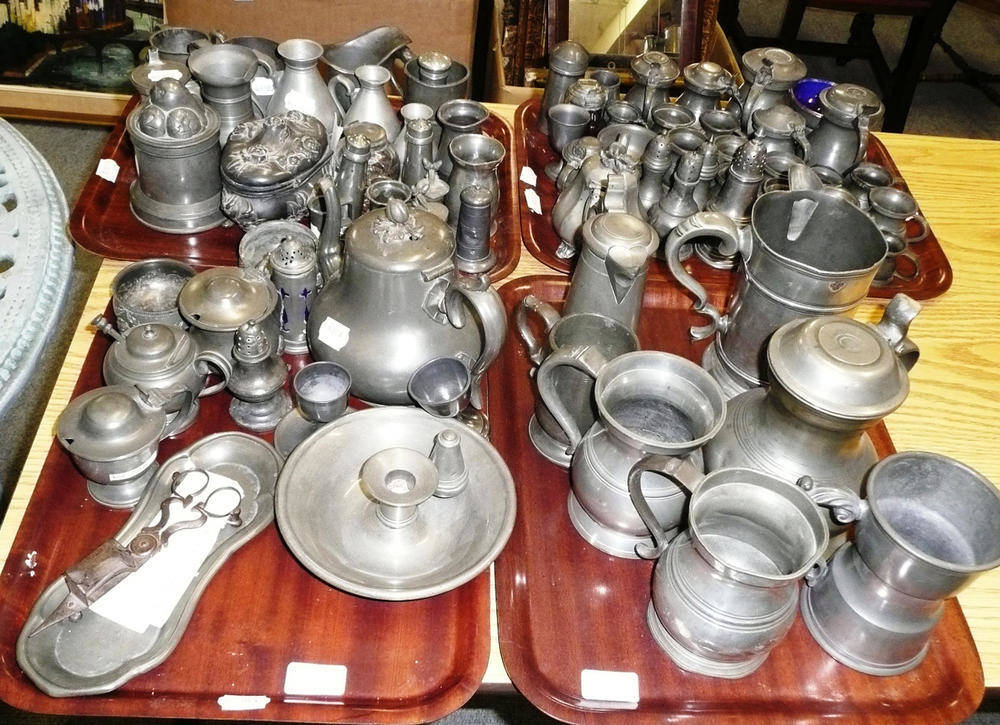Lot 1231 - Assorted Victorian Pewter, 19th century, comprising four pepperettes, a teapot, three bowls,...