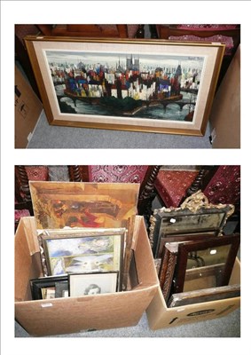 Lot 1237 - Modern framed oil on canvas, river landscape, a quantity of assorted pictures, mirrors and prints