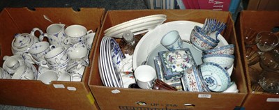 Lot 1243 - Four boxes of household china and glass, oval mahogany tray, blue and white tea set etc