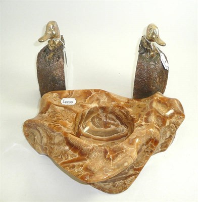 Lot 1 - Pair of Italian sterling-mounted duck-headed geode bookends and a brown onyx dish