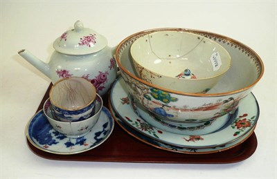 Lot 3 - 18th century Chinese teapot with puce floral decoration, plates, tea bowls etc