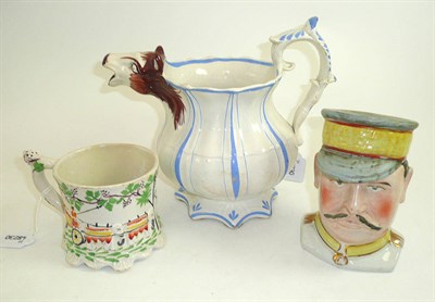 Lot 9 - Victorian Staffordshire pottery cow-head jug, mug with exotic procession and a French military...