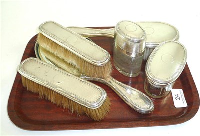 Lot 24 - Six piece silver dressing table set with engine turned decoration