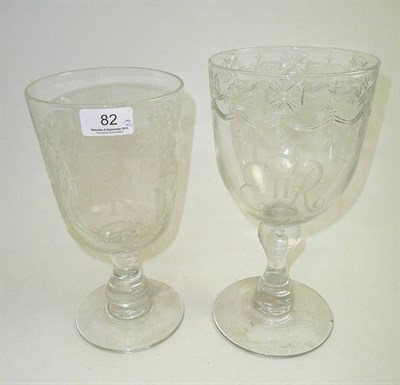 Lot 82 - A large commemorative etched glass chalice for the coronation of Elizabeth and another