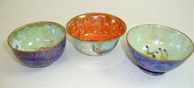 Lot 85 - Three Wedgwood ordinary lustre footed bowls, with various patterns and sizes (hairline cracks...